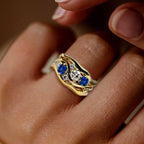 Wide Wave Shape Golden Round Cut Blue & White Sapphire Wedding Band Ring