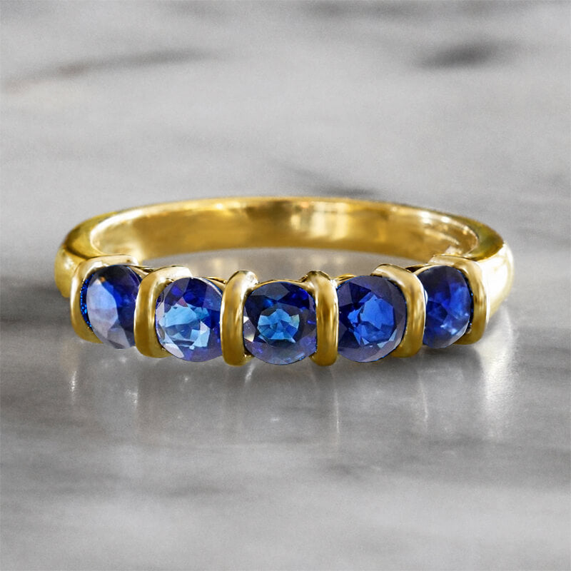 Prong Setting Yellow Gold Round Cut Blue Sapphire Wedding Band Ring