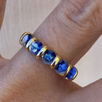 Prong Setting Yellow Gold Round Cut Blue Sapphire Wedding Band Ring