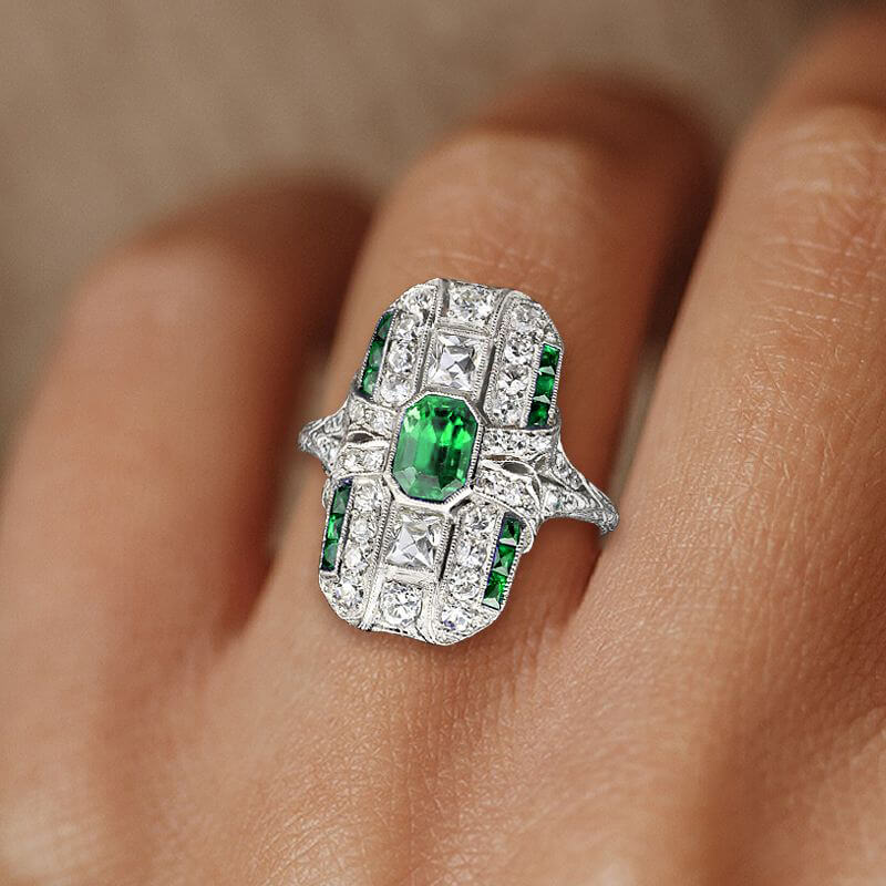 Art Deco Bezel Emerald Cut Emerald Sapphire Halo Engagement Ring