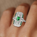 Art Deco Bezel Emerald Cut Emerald Sapphire Halo Engagement Ring
