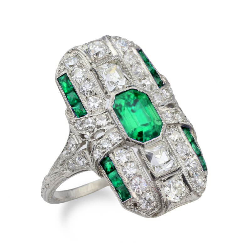 Art Deco Bezel Emerald Cut Emerald Sapphire Halo Engagement Ring