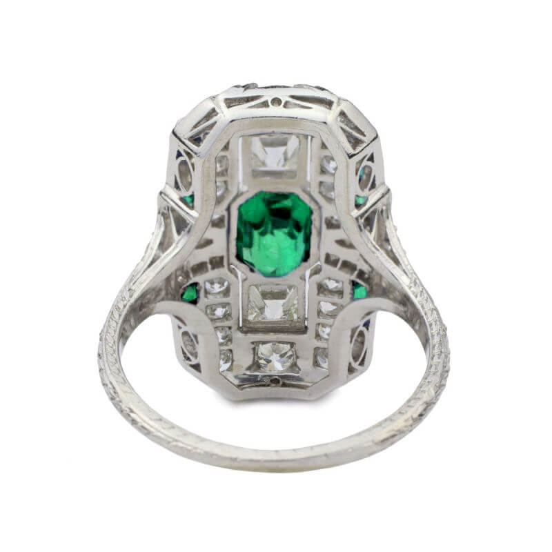 Art Deco Bezel Emerald Cut Emerald Sapphire Halo Engagement Ring