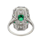 Art Deco Bezel Emerald Cut Emerald Sapphire Halo Engagement Ring