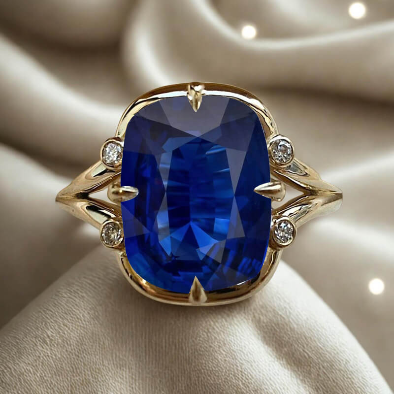 Unique Design Yellow Gold Cushion Cut Blue Sapphire Engagement Rings