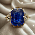Unique Design Yellow Gold Cushion Cut Blue Sapphire Engagement Rings