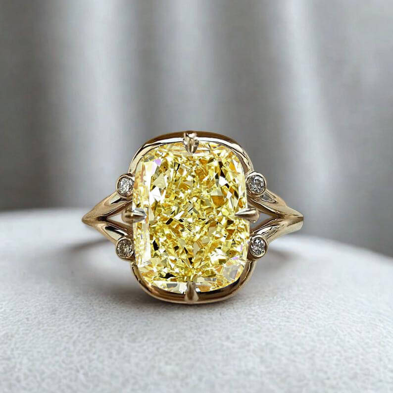 Unique Design Yellow Gold Cushion Cut Canary Sapphire Engagement Ring