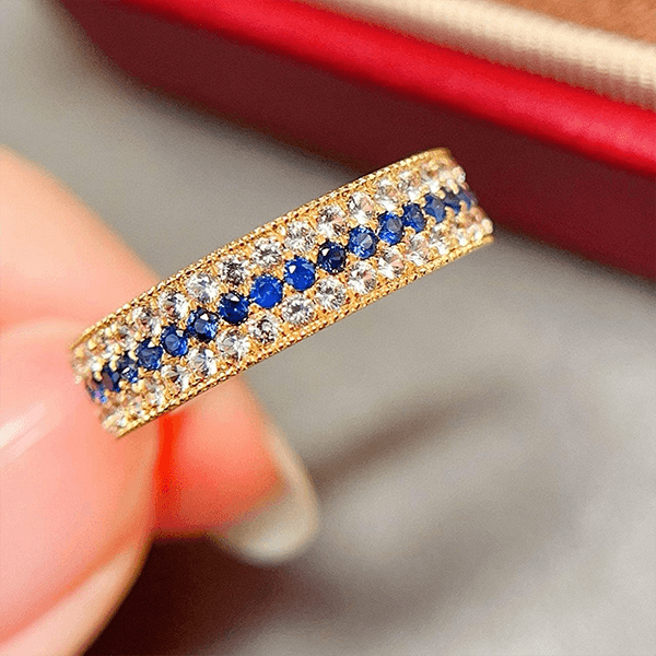 Yellow Gold Triple Row Round Cut Blue & White Sapphire Wedding Band For Women