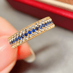 Yellow Gold Triple Row Round Cut Blue & White Sapphire Wedding Band For Women