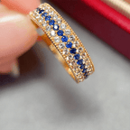 Yellow Gold Triple Row Round Cut Blue & White Sapphire Wedding Band For Women