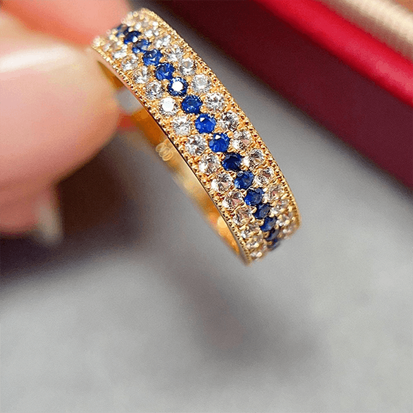 Yellow Gold Triple Row Round Cut Blue & White Sapphire Wedding Band For Women