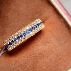 Yellow Gold Triple Row Round Cut Blue & White Sapphire Wedding Band For Women