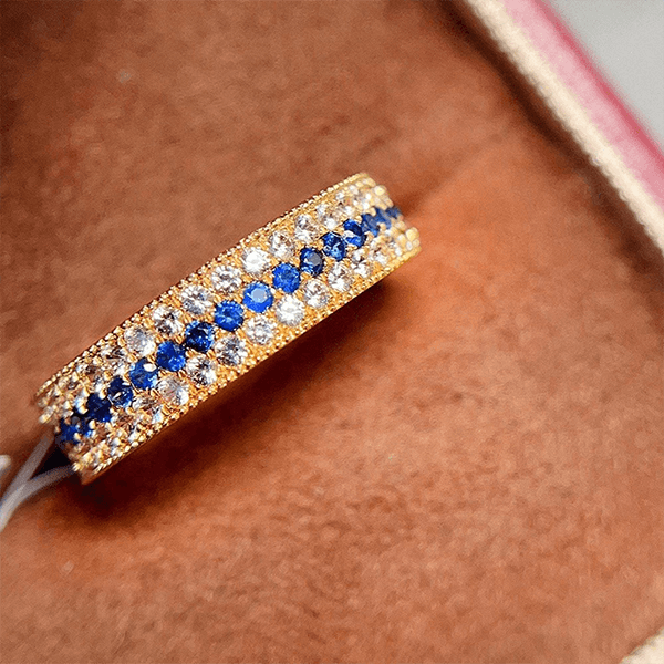 Yellow Gold Triple Row Round Cut Blue & White Sapphire Wedding Band For Women
