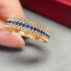 Yellow Gold Triple Row Round Cut Blue & White Sapphire Wedding Band For Women