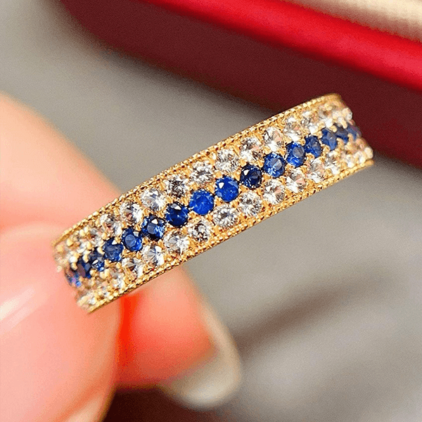 Yellow Gold Triple Row Round Cut Blue & White Sapphire Wedding Band For Women
