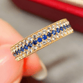 Yellow Gold Triple Row Round Cut Blue & White Sapphire Wedding Band For Women
