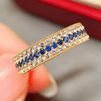 Yellow Gold Triple Row Round Cut Blue & White Sapphire Wedding Band For Women