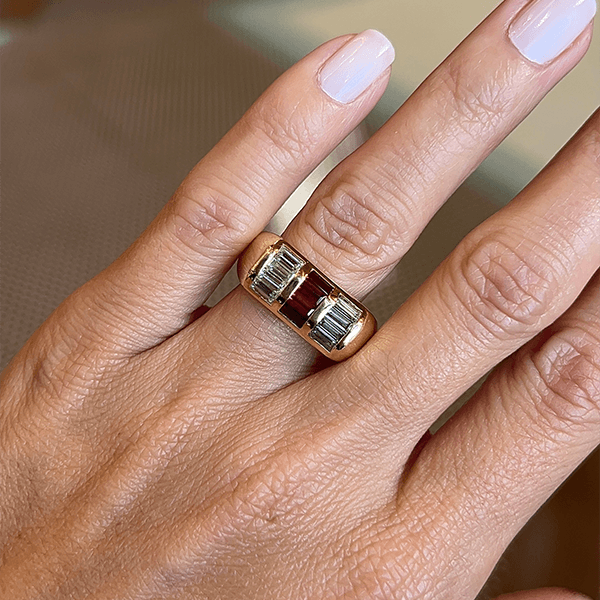 Vintage Yellow Gold Baguette Cut Ruby & White Sapphire Wedding Band For Women