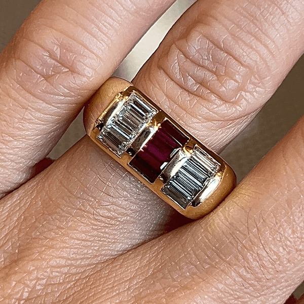 Vintage Yellow Gold Baguette Cut Ruby & White Sapphire Wedding Band For Women