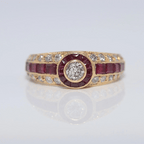 Vintage Art Deco Yellow Gold Bezel Halo Round Cut  White & Ruby Sapphire Engagement Ring