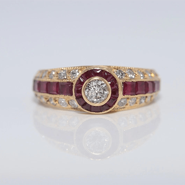 Vintage Art Deco Yellow Gold Bezel Halo Round Cut  White & Ruby Sapphire Engagement Ring