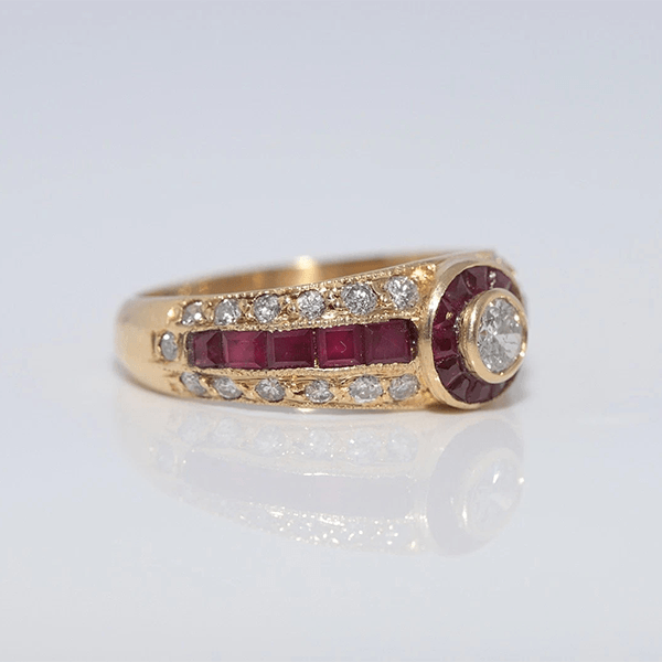 Vintage Art Deco Yellow Gold Bezel Halo Round Cut  White & Ruby Sapphire Engagement Ring