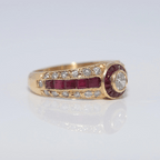 Vintage Art Deco Yellow Gold Bezel Halo Round Cut  White & Ruby Sapphire Engagement Ring