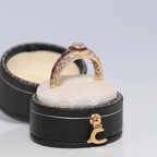 Vintage Art Deco Yellow Gold Bezel Halo Round Cut  White & Ruby Sapphire Engagement Ring