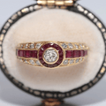 Vintage Art Deco Yellow Gold Bezel Halo Round Cut  White & Ruby Sapphire Engagement Ring