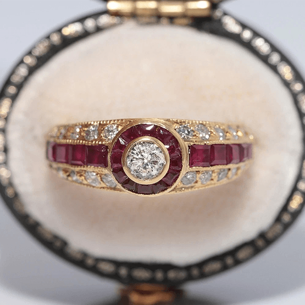 Vintage Art Deco Yellow Gold Bezel Halo Round Cut  White & Ruby Sapphire Engagement Ring