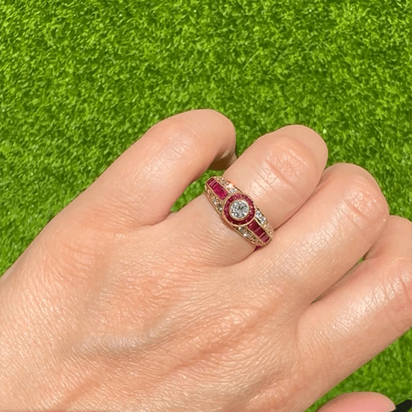 Vintage Art Deco Yellow Gold Bezel Halo Round Cut  White & Ruby Sapphire Engagement Ring