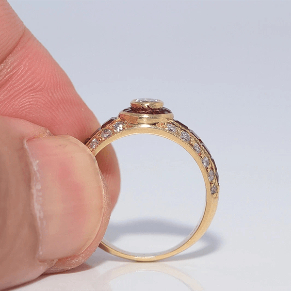 Vintage Art Deco Yellow Gold Bezel Halo Round Cut  White & Ruby Sapphire Engagement Ring
