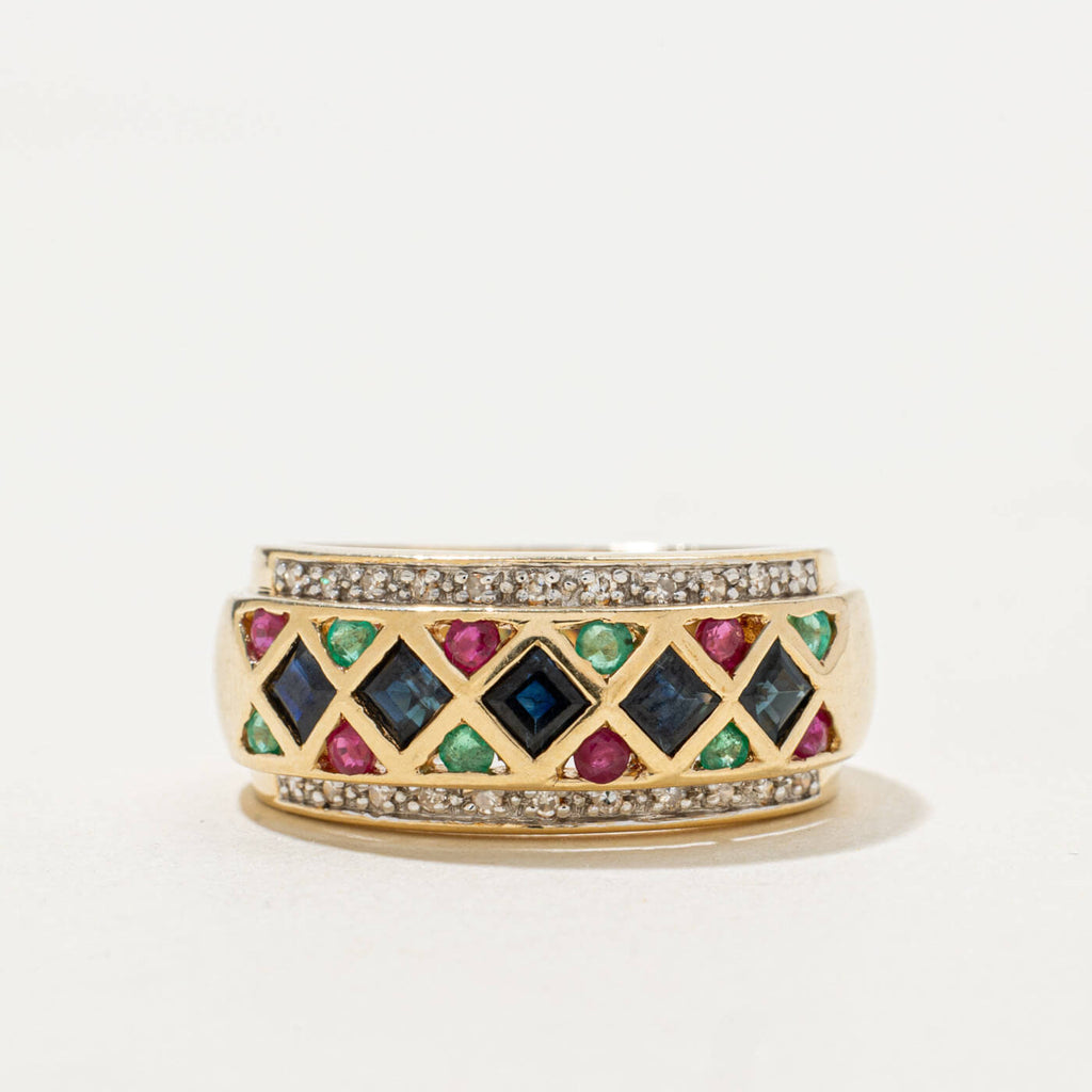 Vintage Art Deco Yellow Gold Asscher Cut  Blue & Ruby & Emerald Sapphire Wedding Band For Women