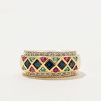 Vintage Art Deco Yellow Gold Asscher Cut  Blue & Ruby & Emerald Sapphire Wedding Band For Women