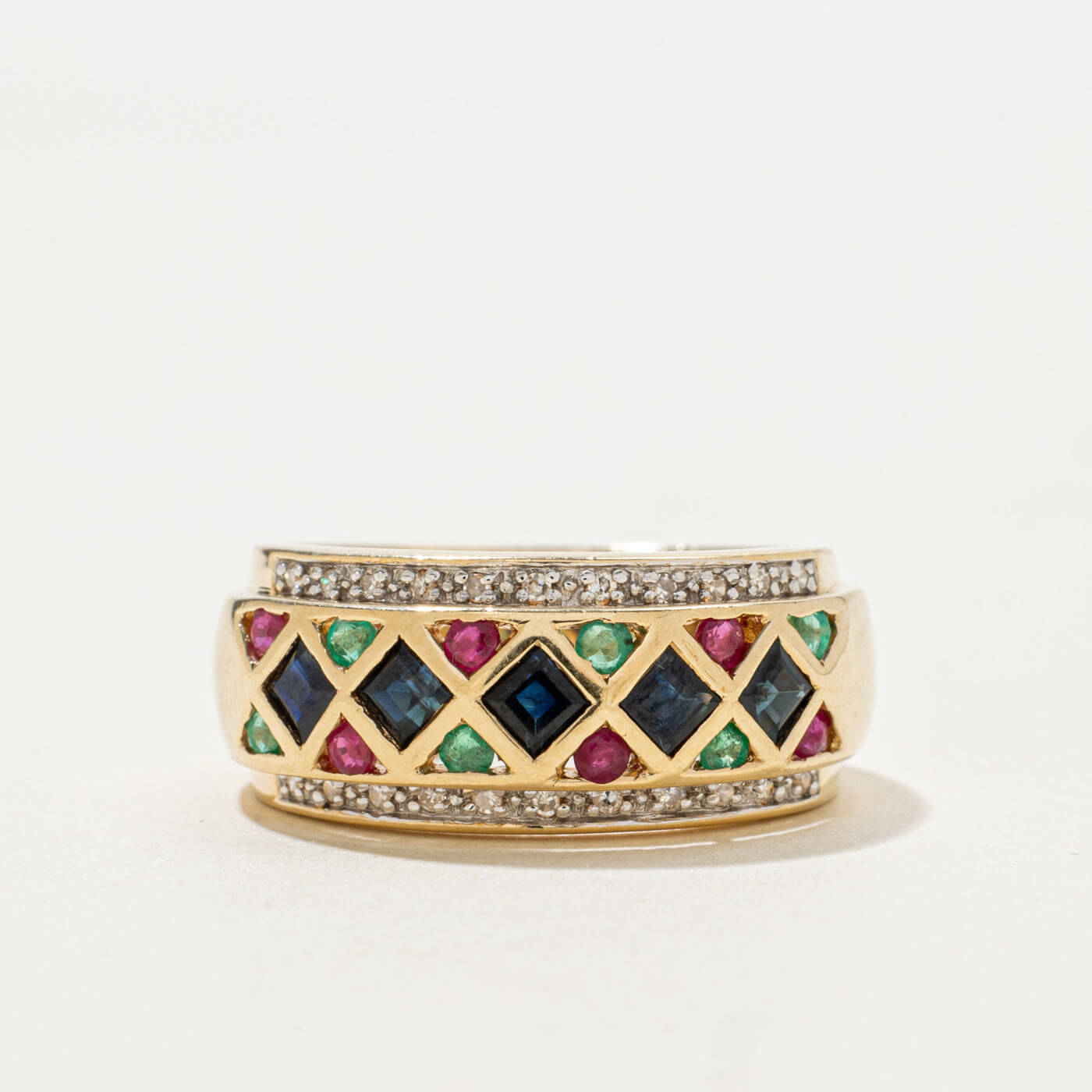 Vintage Art Deco Yellow Gold Asscher Cut  Blue & Ruby & Emerald Sapphire Wedding Band For Women