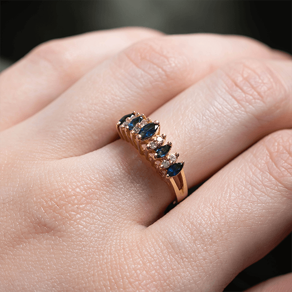 Yellow Gold Multi Row Marquise Cut Blue Sapphire Wedding Band For Women
