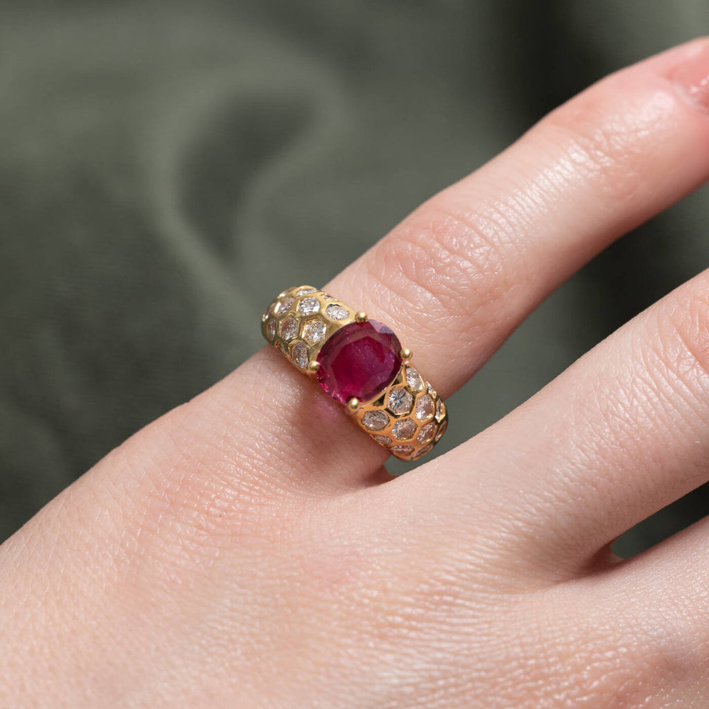 Accented Design Yellow Gold Oval Cut Ruby Sapphire Engagement Ring