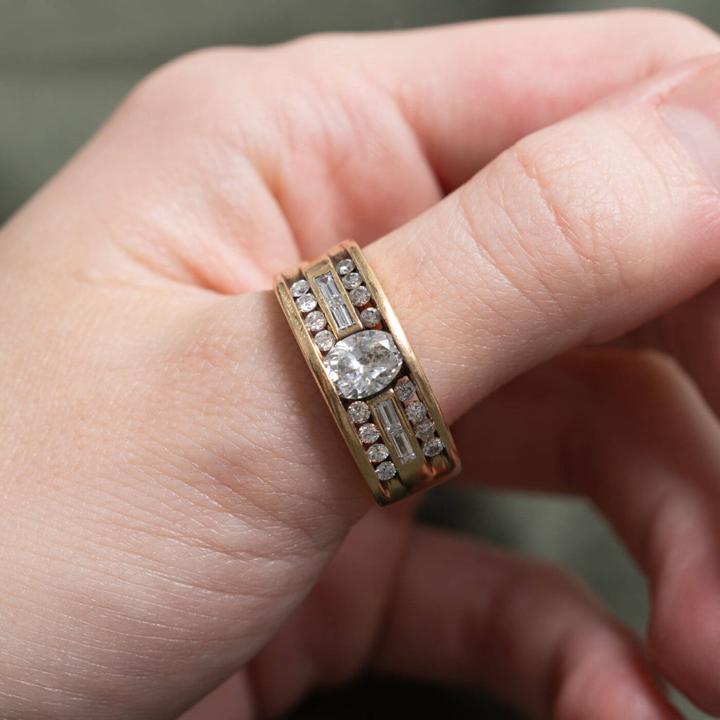 Art Deco Yellow Gold Oval Cut White Sapphire Engagement Ring