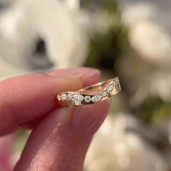 Unique Design Yellow Gold Marquise & Round Cut White Sapphire U Shape Half Eternity Wedding Band For Women