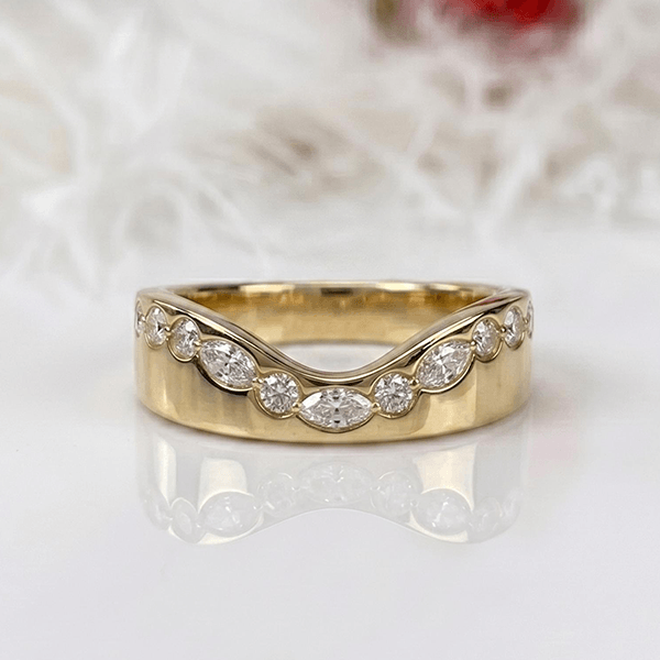 Unique Design Yellow Gold Marquise & Round Cut White Sapphire U Shape Half Eternity Wedding Band For Women