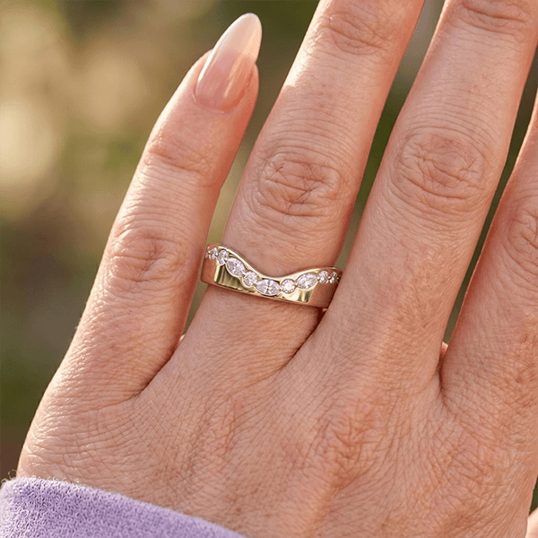 Unique Design Yellow Gold Marquise & Round Cut White Sapphire U Shape Half Eternity Wedding Band For Women