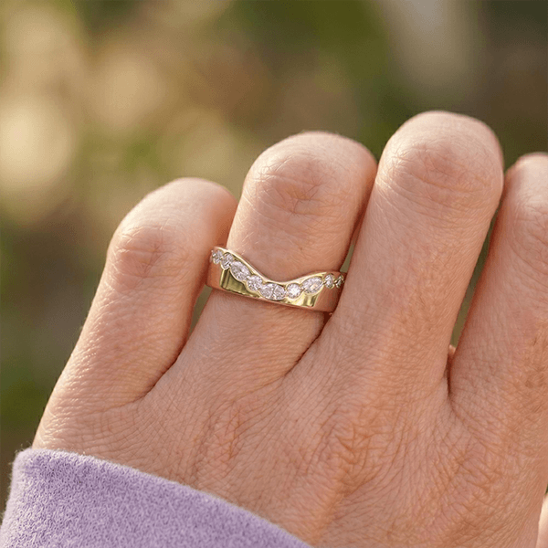 Unique Design Yellow Gold Marquise & Round Cut White Sapphire U Shape Half Eternity Wedding Band For Women