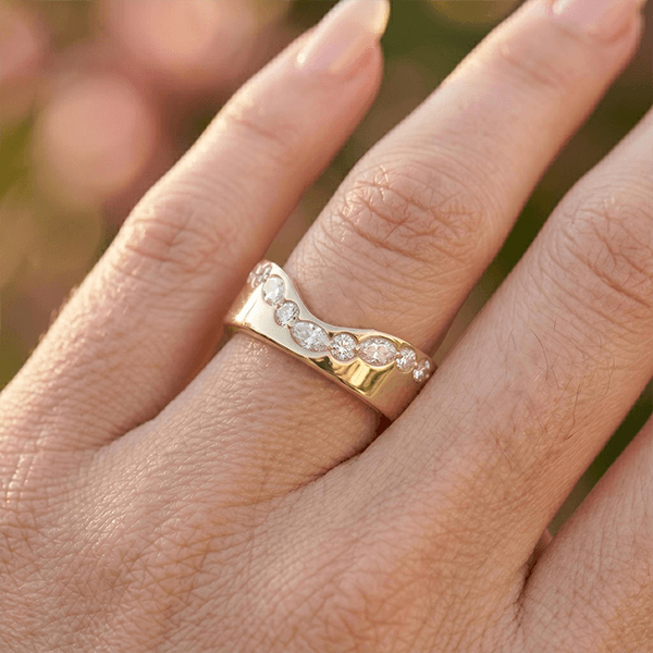 Unique Design Yellow Gold Marquise & Round Cut White Sapphire U Shape Half Eternity Wedding Band For Women