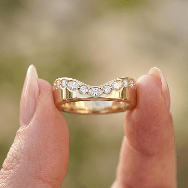 Unique Design Yellow Gold Marquise & Round Cut White Sapphire U Shape Half Eternity Wedding Band For Women