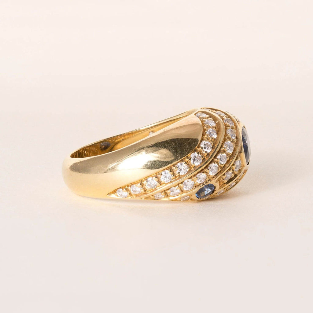 Vintage Swirl Design Yellow Gold Oval Cut Blue Sapphire Wedding Band For Women