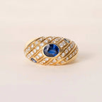 Vintage Swirl Design Yellow Gold Oval Cut Blue Sapphire Wedding Band For Women