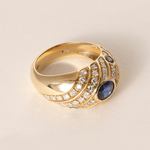 Vintage Swirl Design Yellow Gold Oval Cut Blue Sapphire Wedding Band For Women
