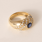 Vintage Swirl Design Yellow Gold Oval Cut Blue Sapphire Wedding Band For Women
