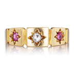 Vintage Three Stone Yellow Gold Round Cut Ruby & White Sapphire Half Eternity Wedding Band For Women