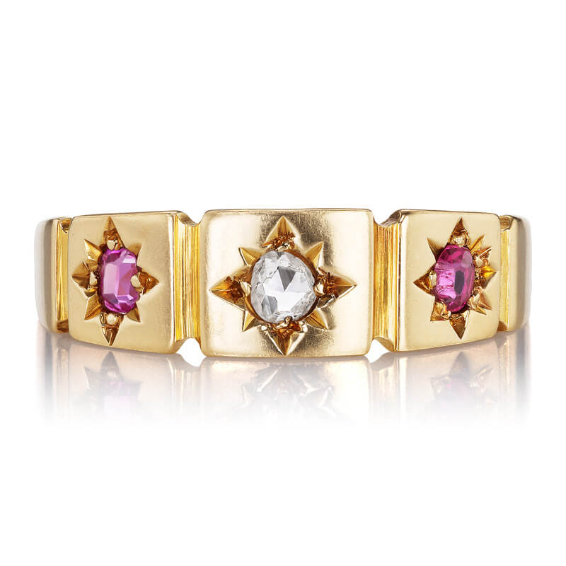 Vintage Three Stone Yellow Gold Round Cut Ruby & White Sapphire Half Eternity Wedding Band For Women